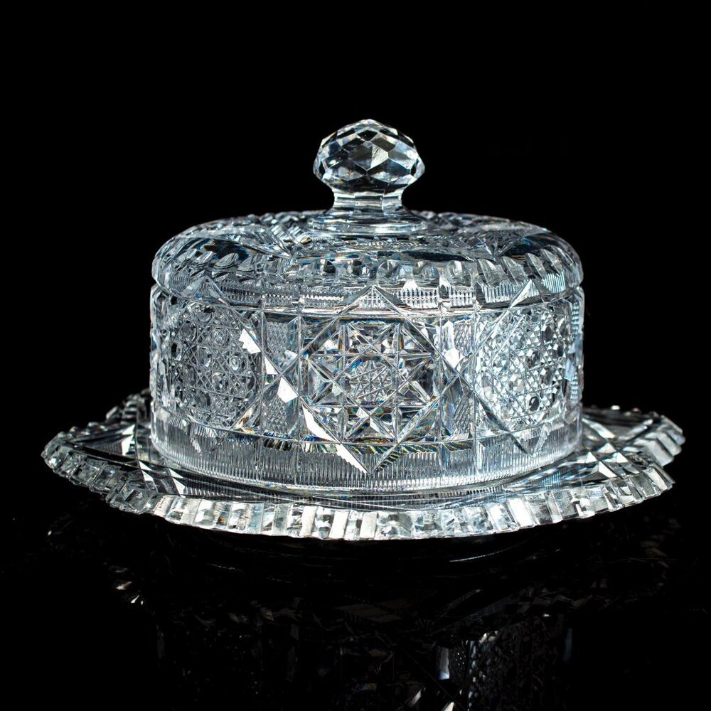 Vintage Crystal Butter Dish With Lid & Intricate Starburst Pattern - Picture 1 of 10